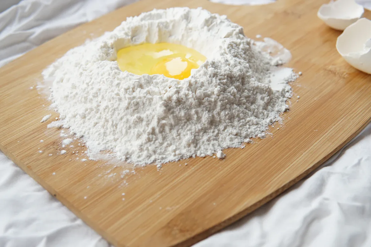 A mound of white flour with raw egg yolk on a wooden board; ingredients for fresh pasta.
