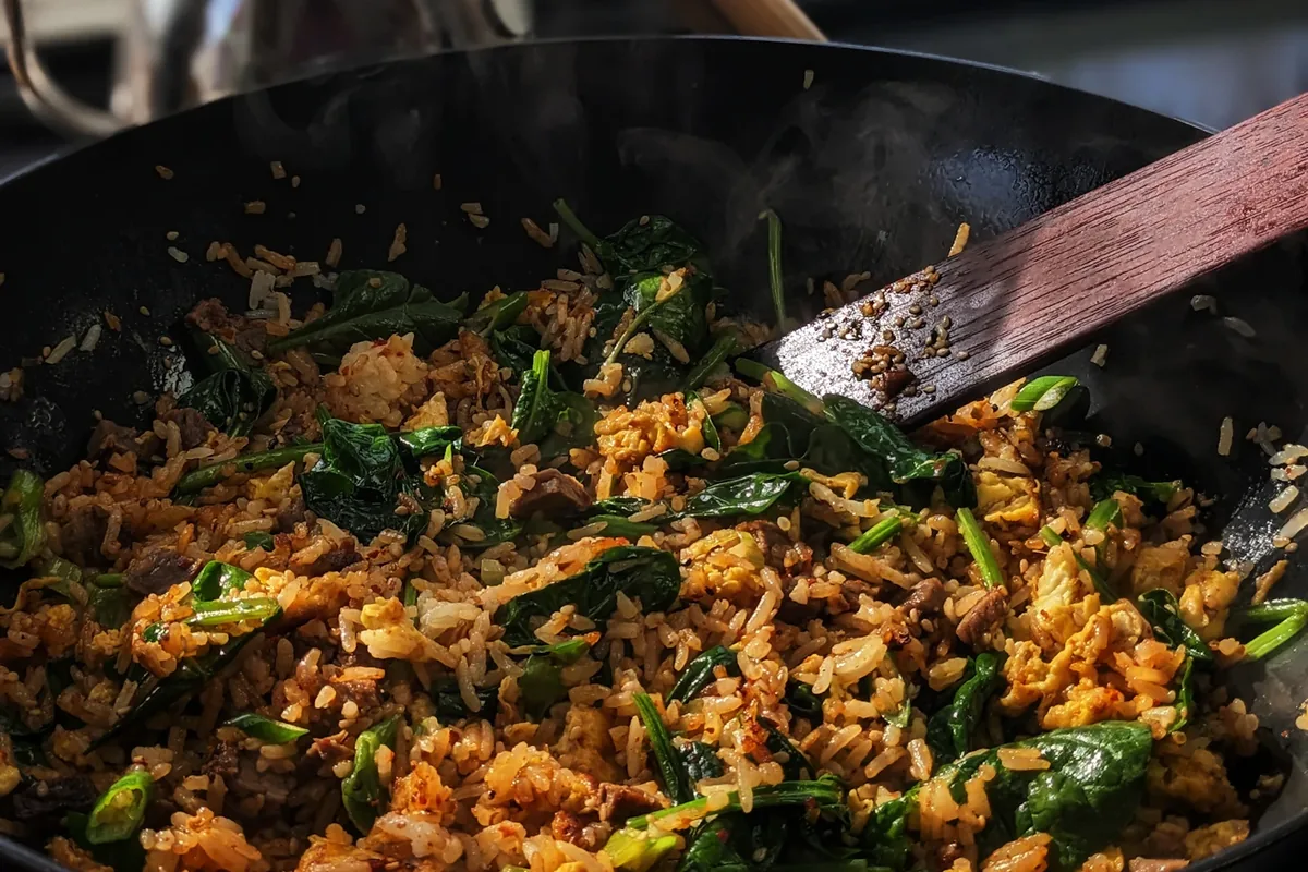 Wide skillet of seasoned rice with green vegetables on a stove; a wooden spatula rests in the pan.